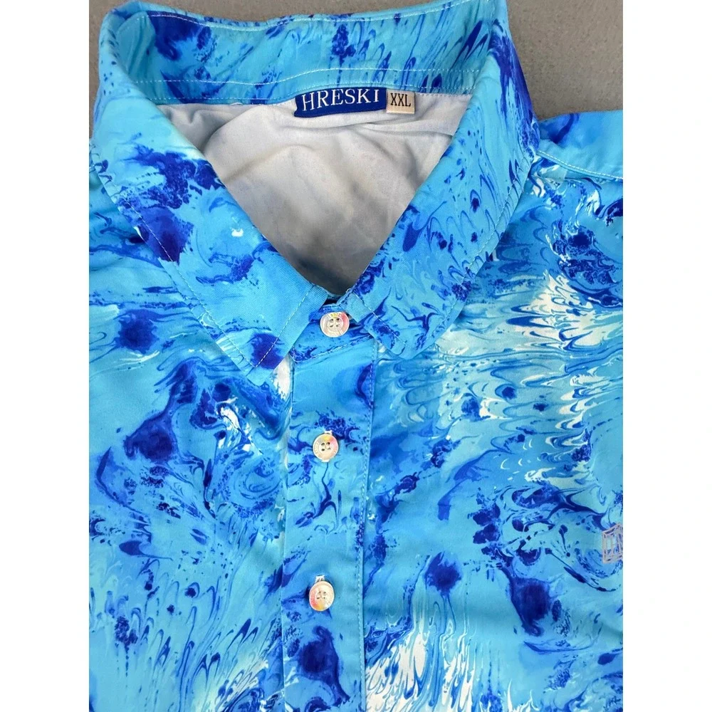 Hreski Polo Shirt‎ Mens XXL Blue Marble Swirl Abstract Print Short Sleeve Golf